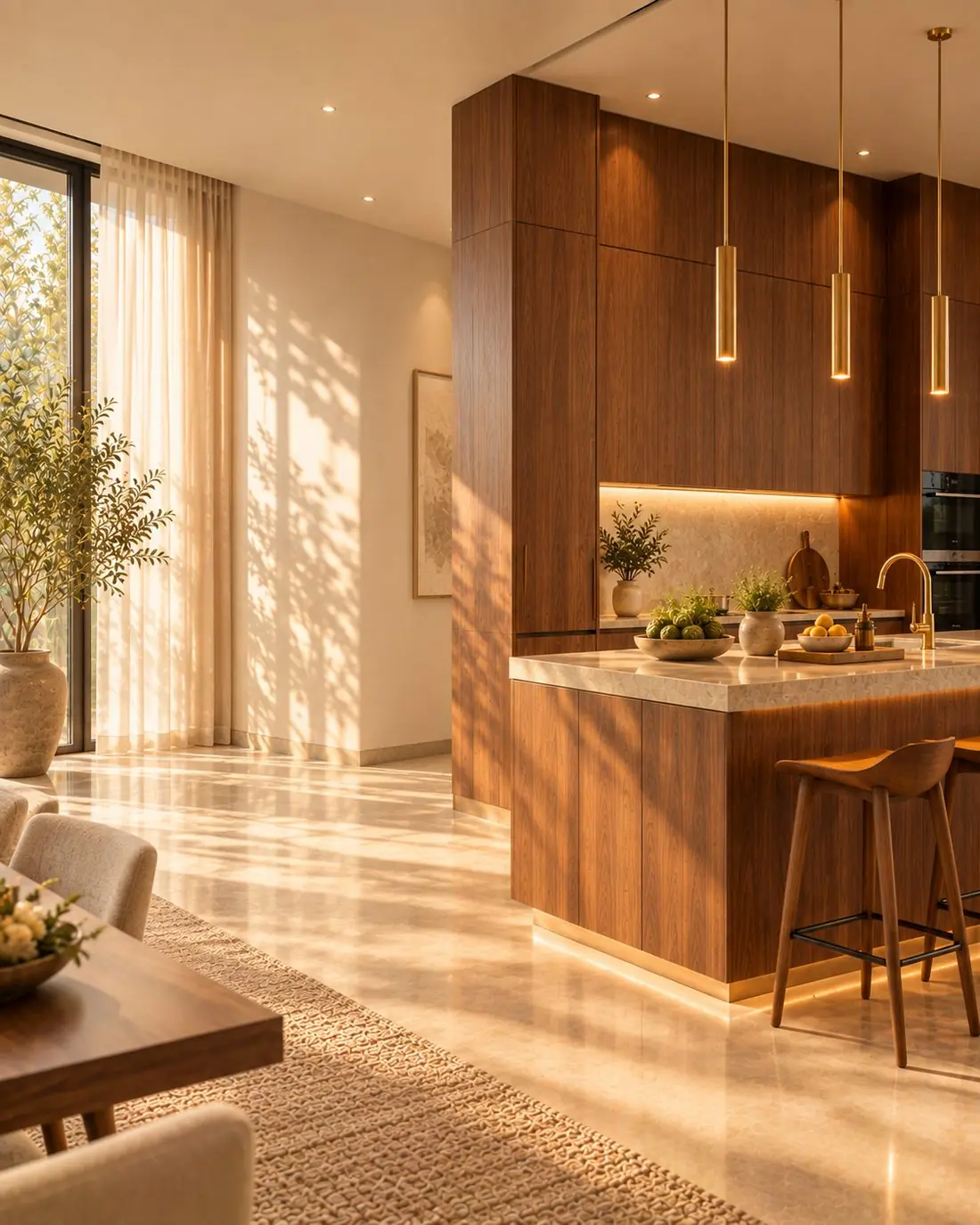 Illustration: a kitchen with teak veneer cabinets