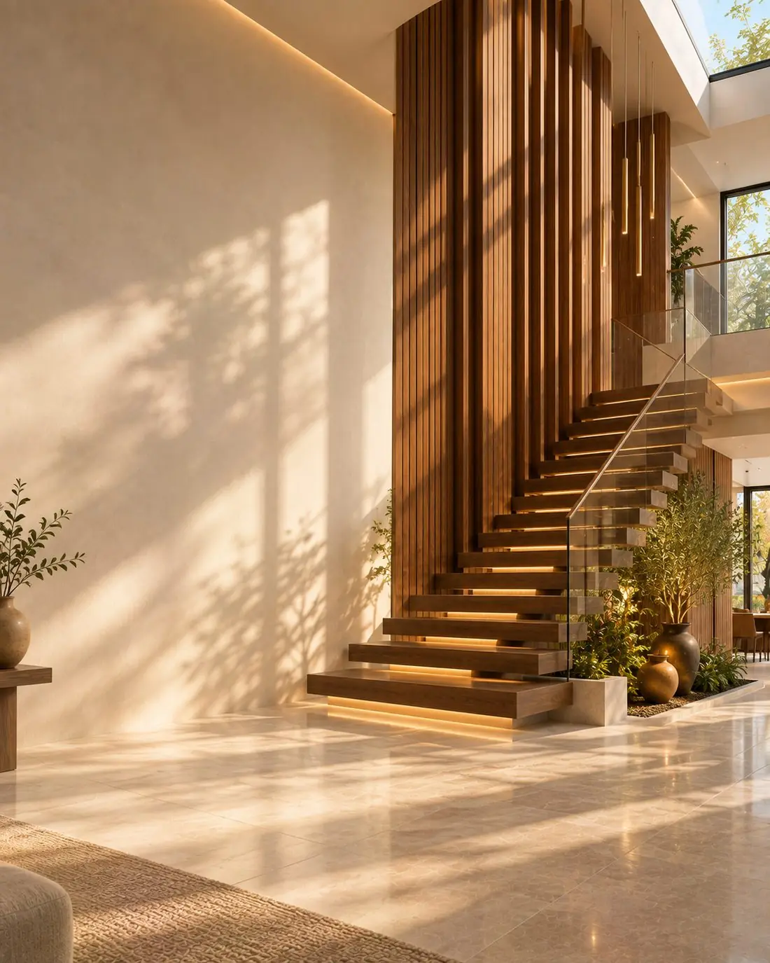 Illustration: a staircase beside a teak-panelled wall