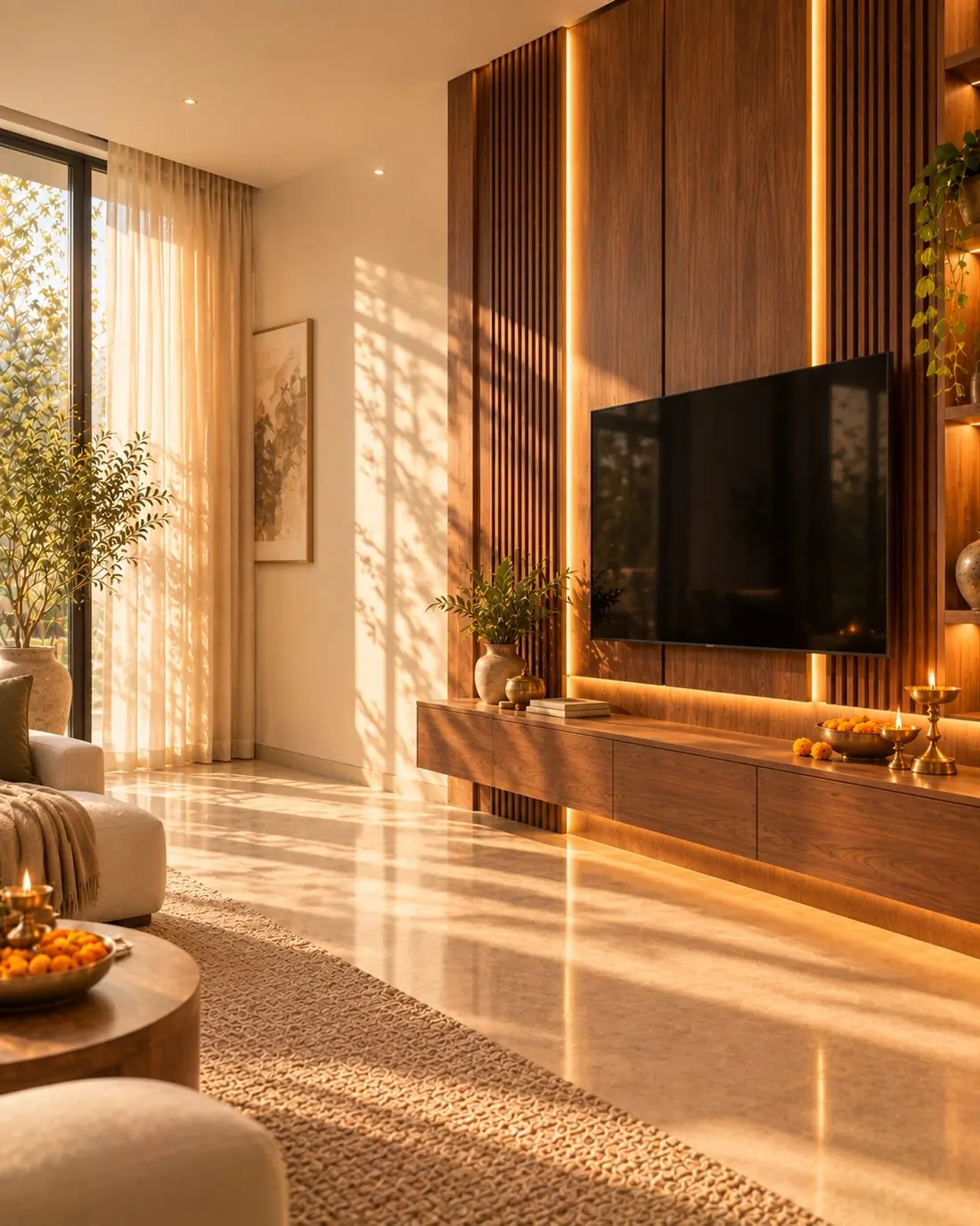 Illustration: a living room with a panelled TV wall