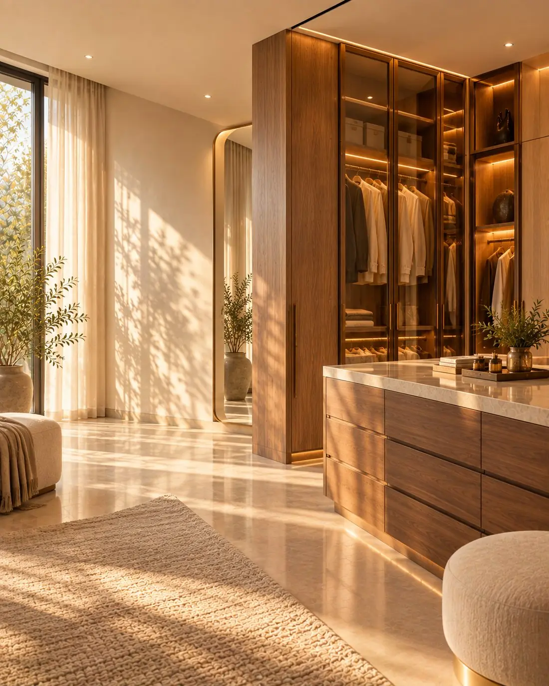 Illustration: a walk-in wardrobe faced in teak veneer